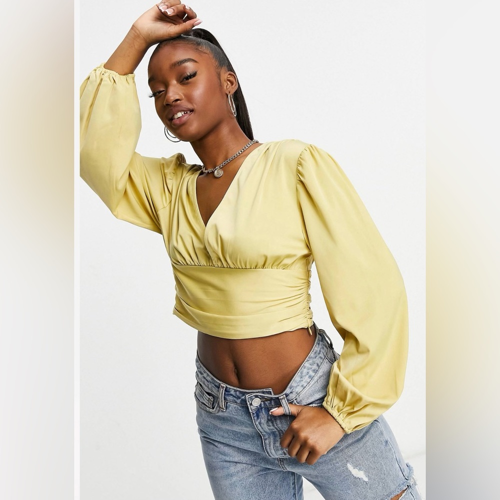 ASOS Ruched Waist Volume Sleeve Matte Satin Blouse Size US12